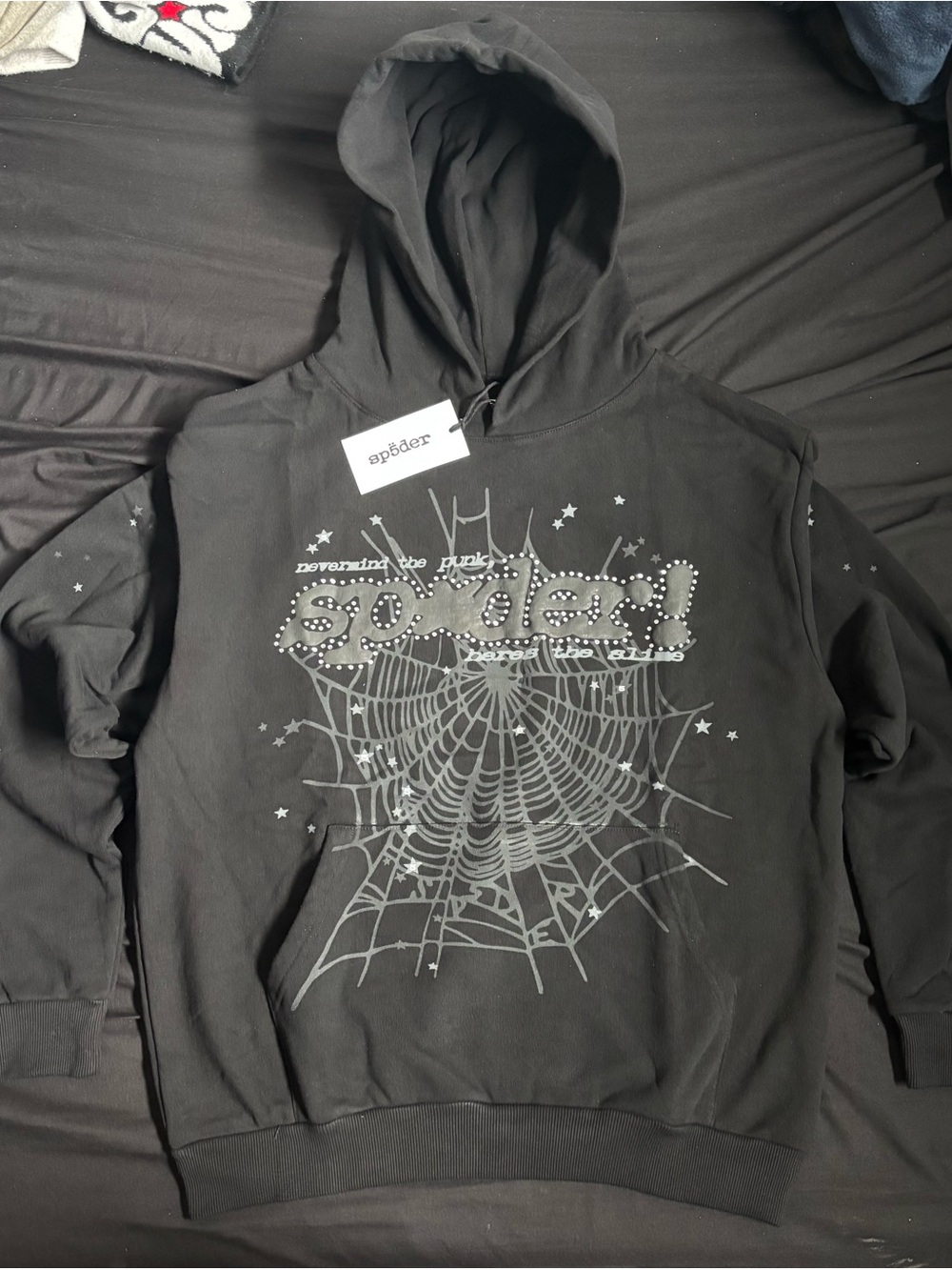 Brand New Men's Black Rhinestone Graphic Punk Spider V2 Pullover Hoodie Size M